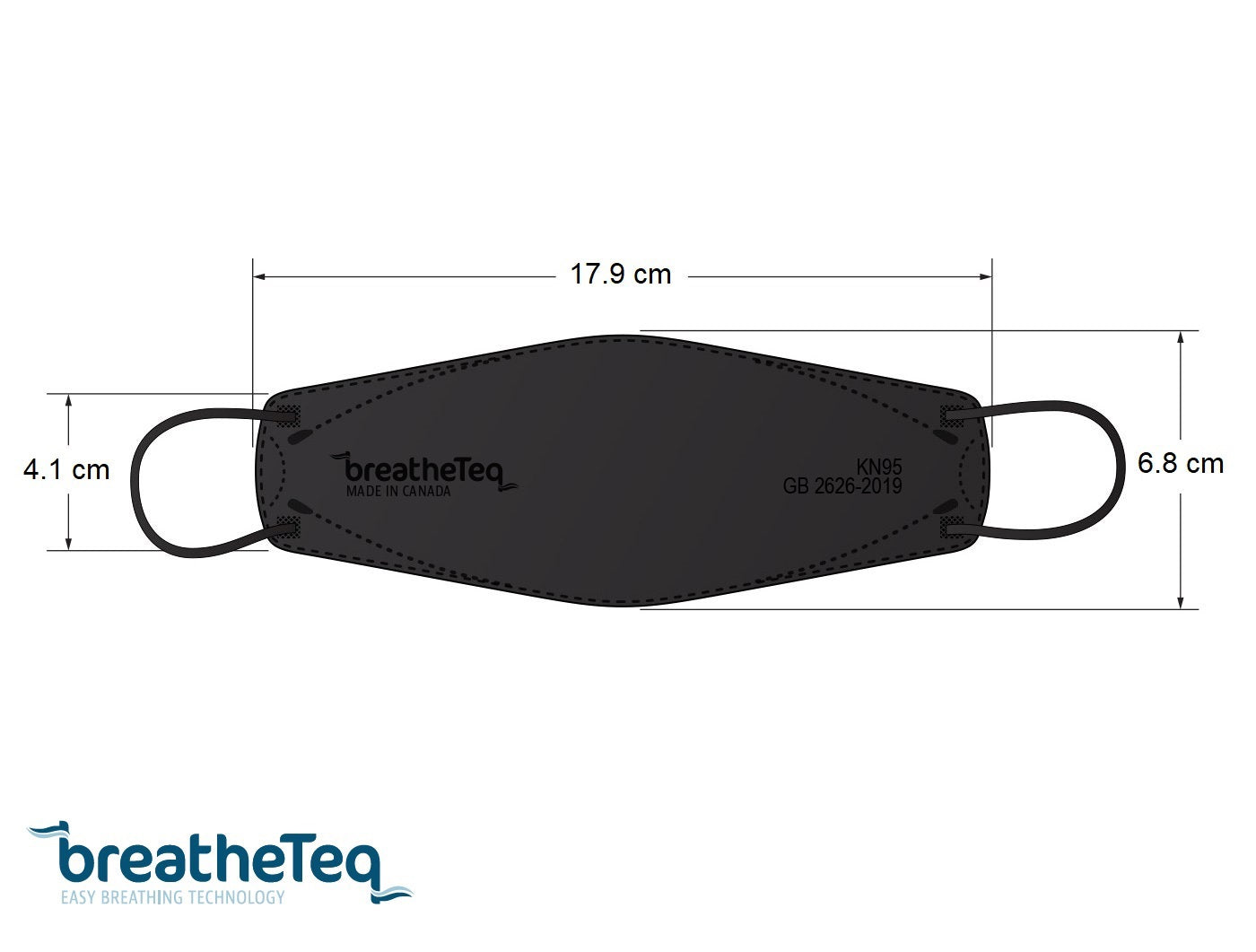 Dimensions size of kids black KN95 earloop face mask breatheTeq from Canada
