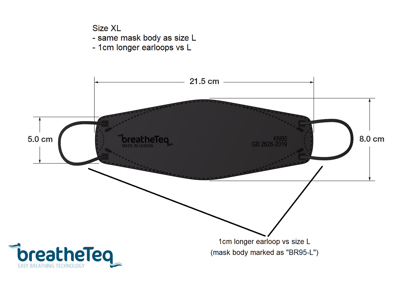 Extra large XL black breatheTeq KN95 face mask dimensions