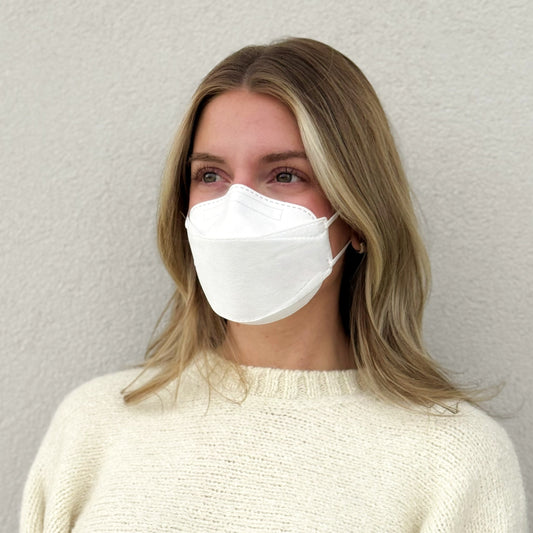 Woman wearing white KN95 earloop respirator face mask breatheTeq USA made in Canada