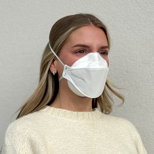 woman wearing white KN95 mask with headbands breathable made by Breatheteq USA in Canada