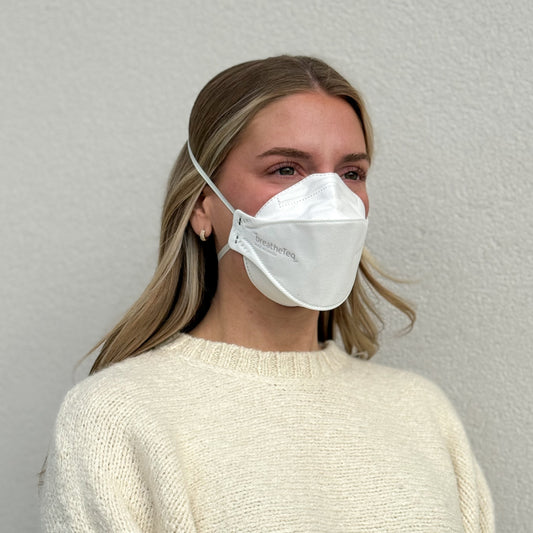 woman wearing white KN95 mask with headbands breathable made by Breatheteq USA in Canada