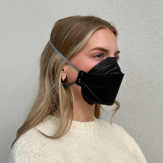 Woman with black aura wearing black KN95 earloop respirator face mask breatheTeq USA made in Canada