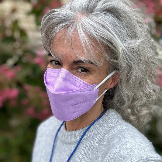 Teacher woman wearing medium purple lavender KN95 earloop respirator face mask breatheTeq USA made in Canada