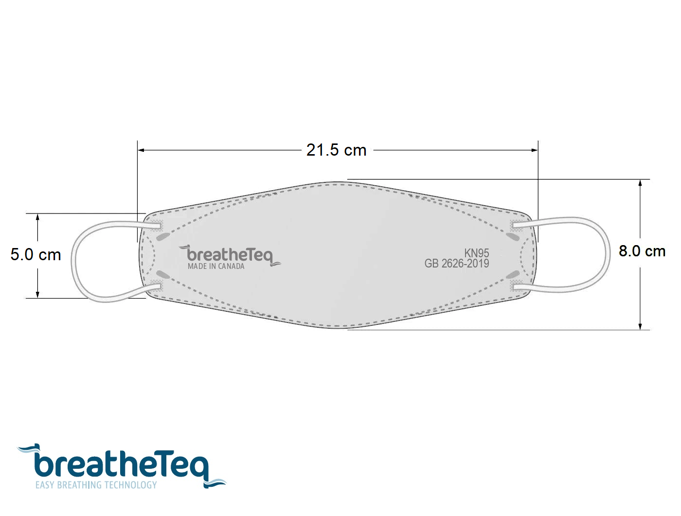 Dimensions of large gray KN95 BreatheTeq earloop mask made in Canada