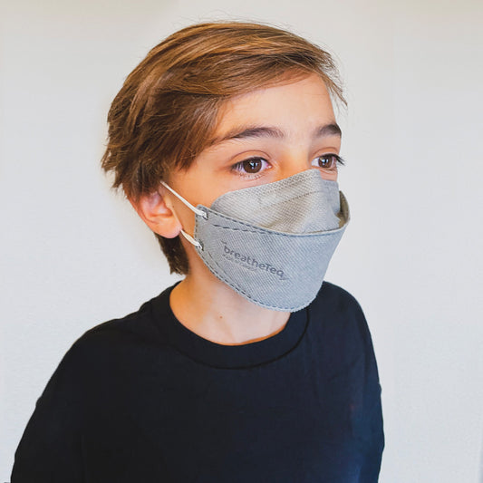 Child wearing kids XS gray breatheteq KN95 respirator face mask with earloops
