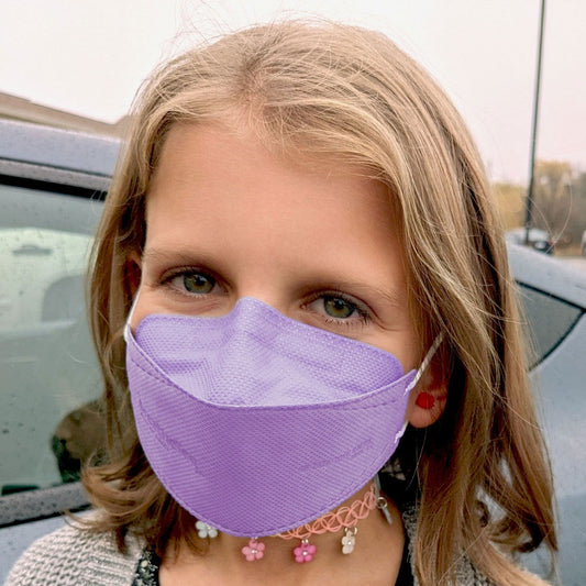 Child girl wearing kids XS purple breatheteq KN95 respirator face mask with earloops