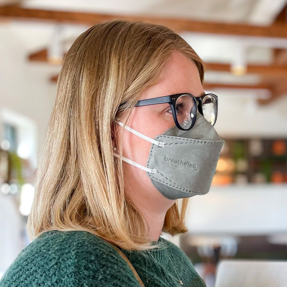 Woman with glasses wearing most breathable KN95 face mask for anti fogging free